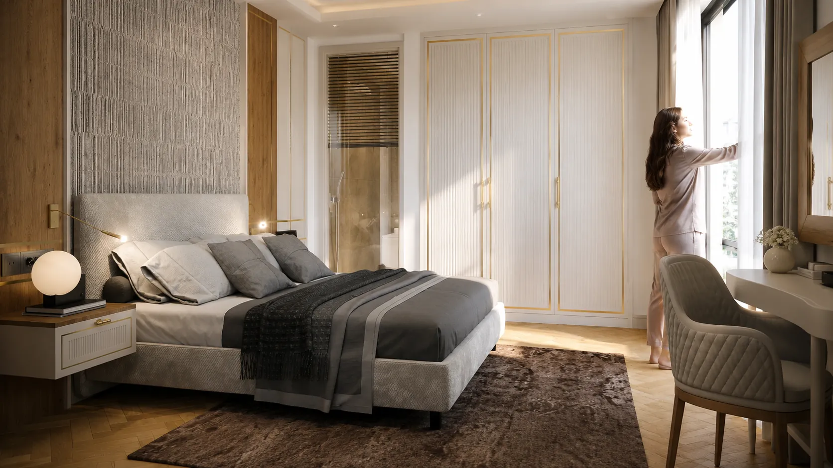 The bedroom looking towards the window